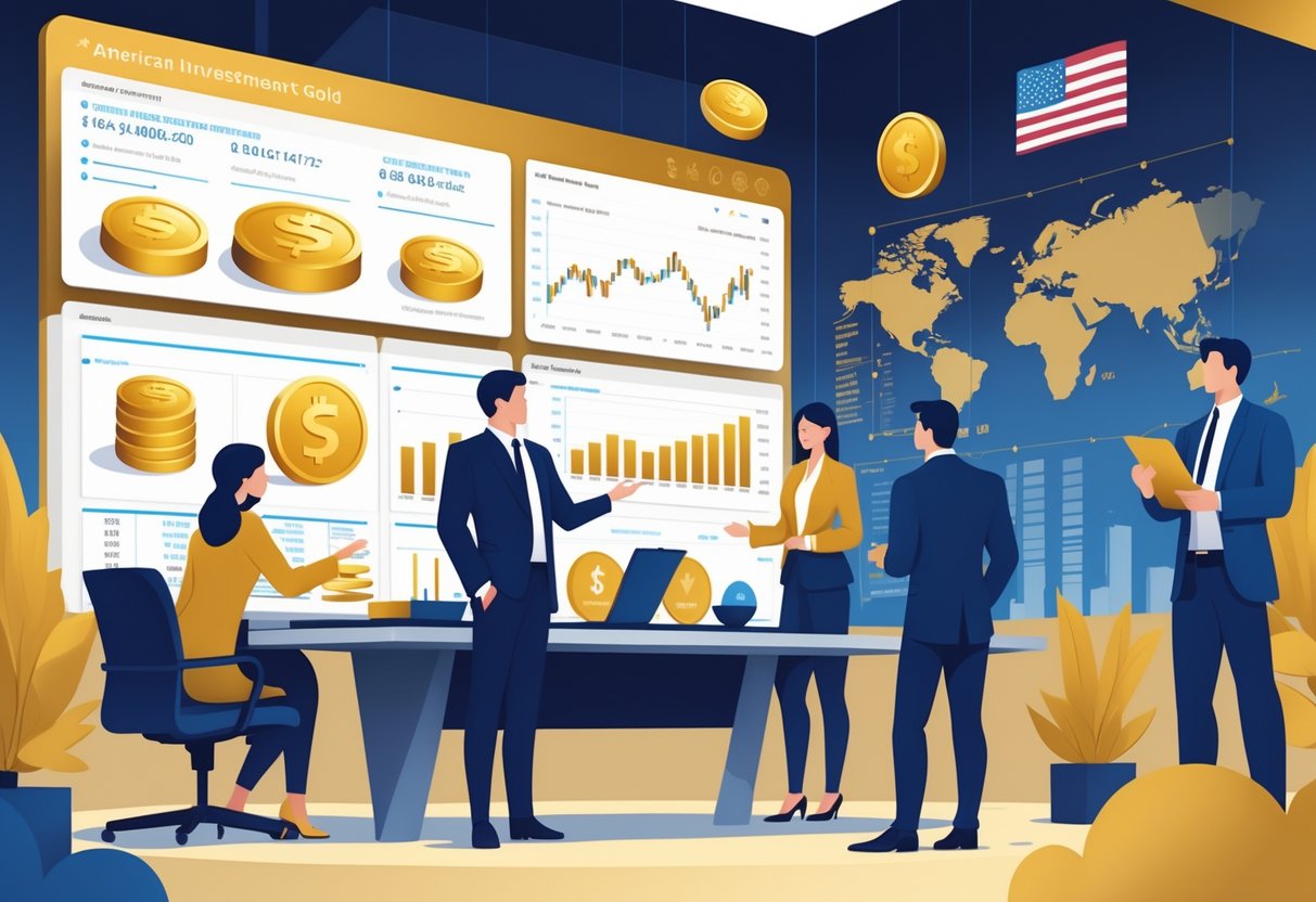 Business professionals discussing gold investment options around a conference table with charts and gold bars in a modern office setting.