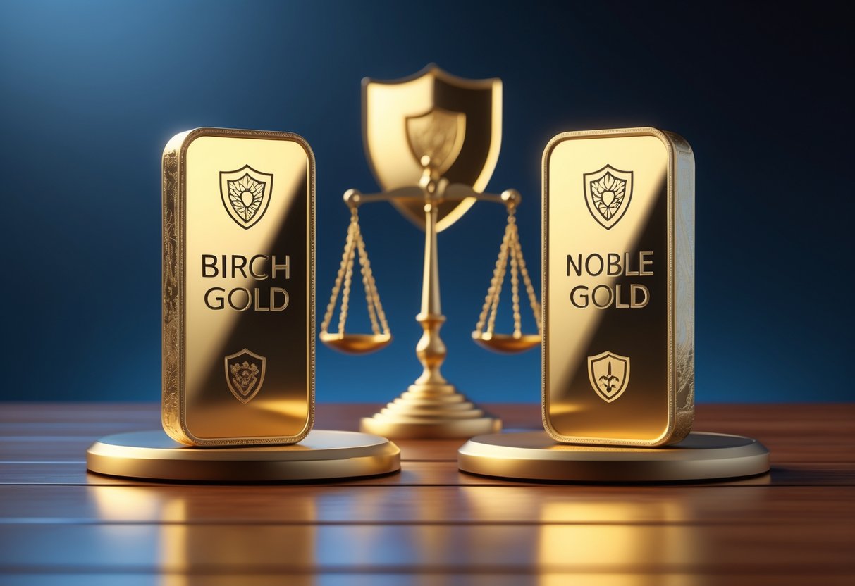 Two gold bars representing Birch Gold and Noble Gold placed side by side on a wooden table with a balanced scale between them.