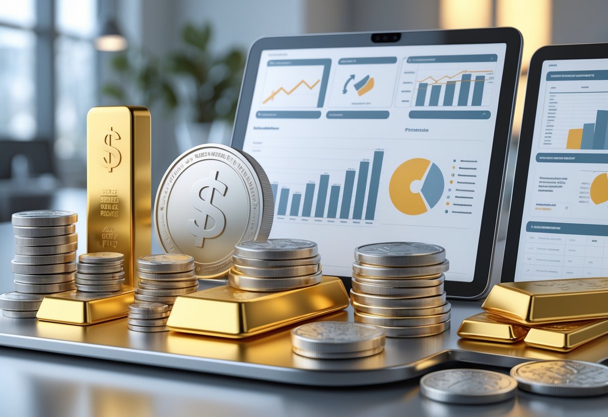 A table displaying gold bars, silver coins, and platinum ingots alongside financial charts and documents in a modern office setting.