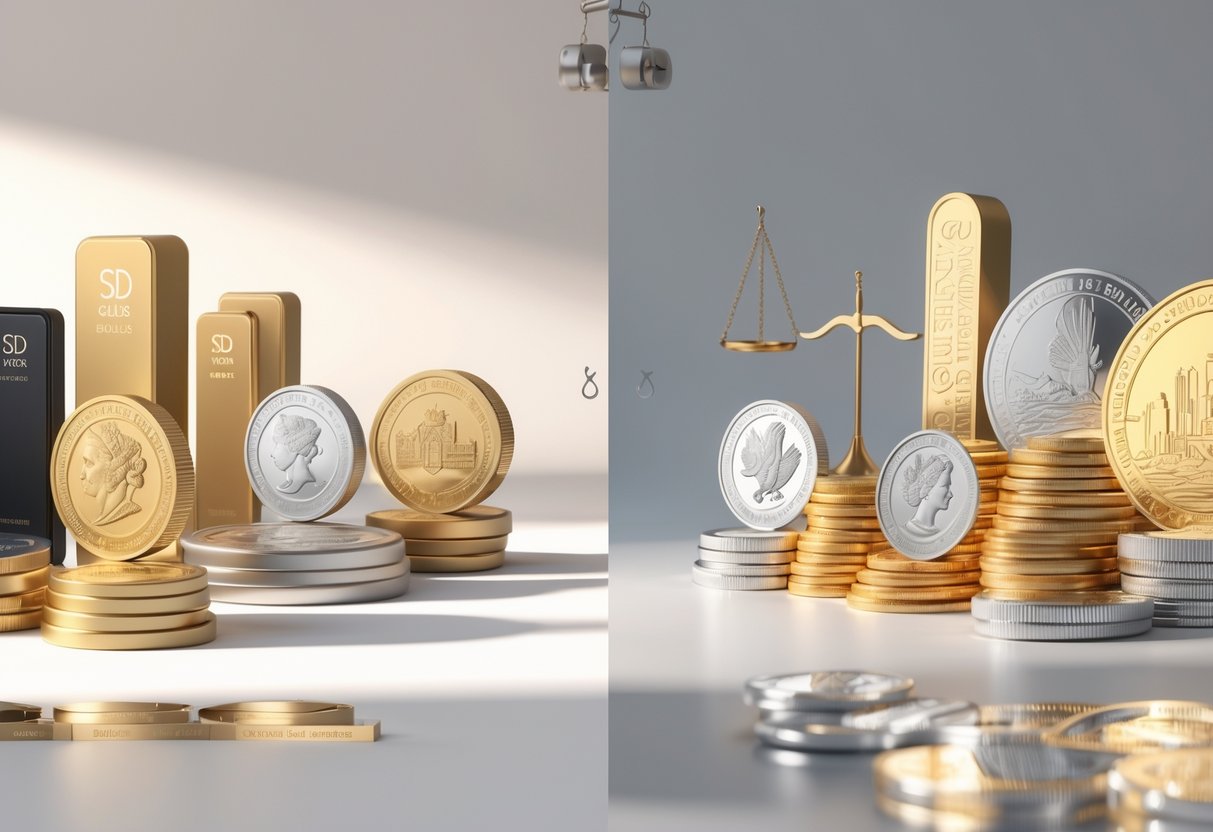A side-by-side display of gold and silver coins and bars representing two precious metals retailers, shown for comparison.