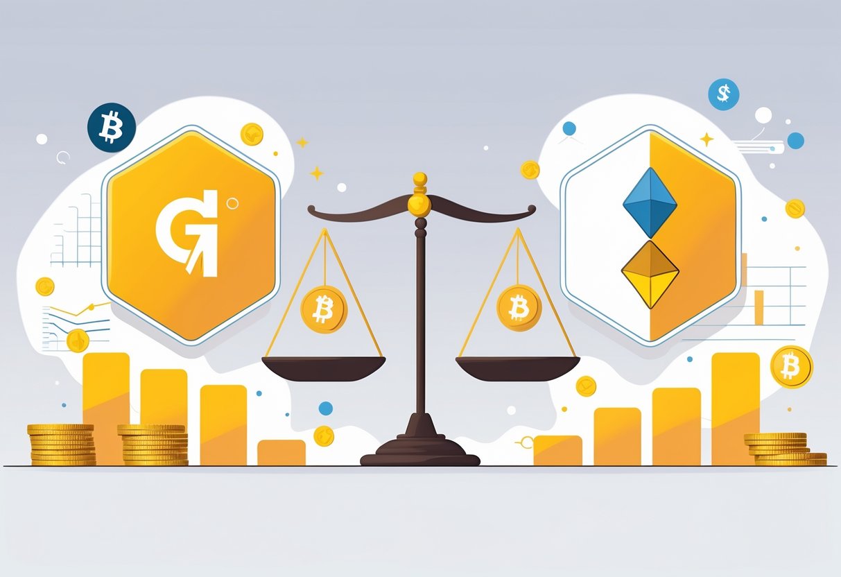 An illustration showing two financial service icons on either side of a balanced scale with gold bars and financial charts around them, representing a comparison between two companies.
