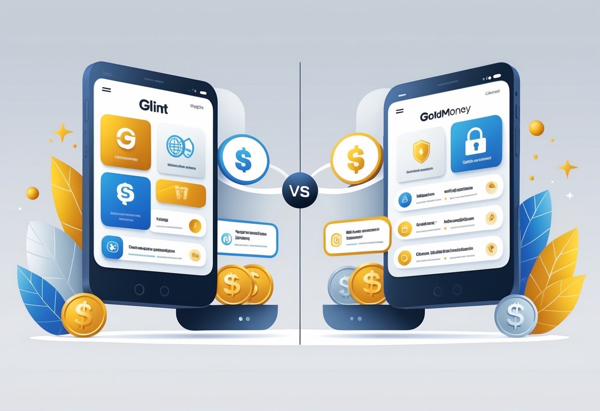 A side-by-side digital illustration comparing two financial service platforms with icons representing core services and account options, separated by a balanced scale symbolizing comparison.