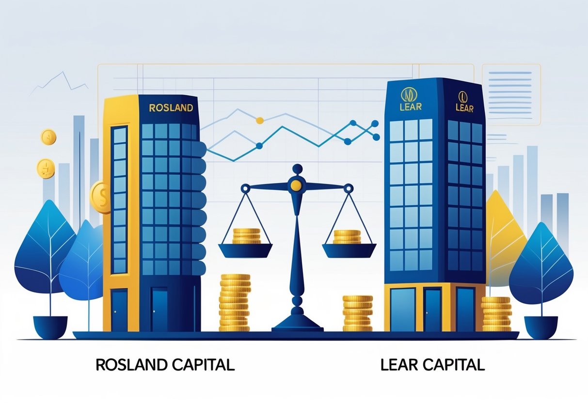 Two modern office buildings representing competing financial companies with a balanced scale between them holding gold bars and silver coins, set against a background of financial charts.