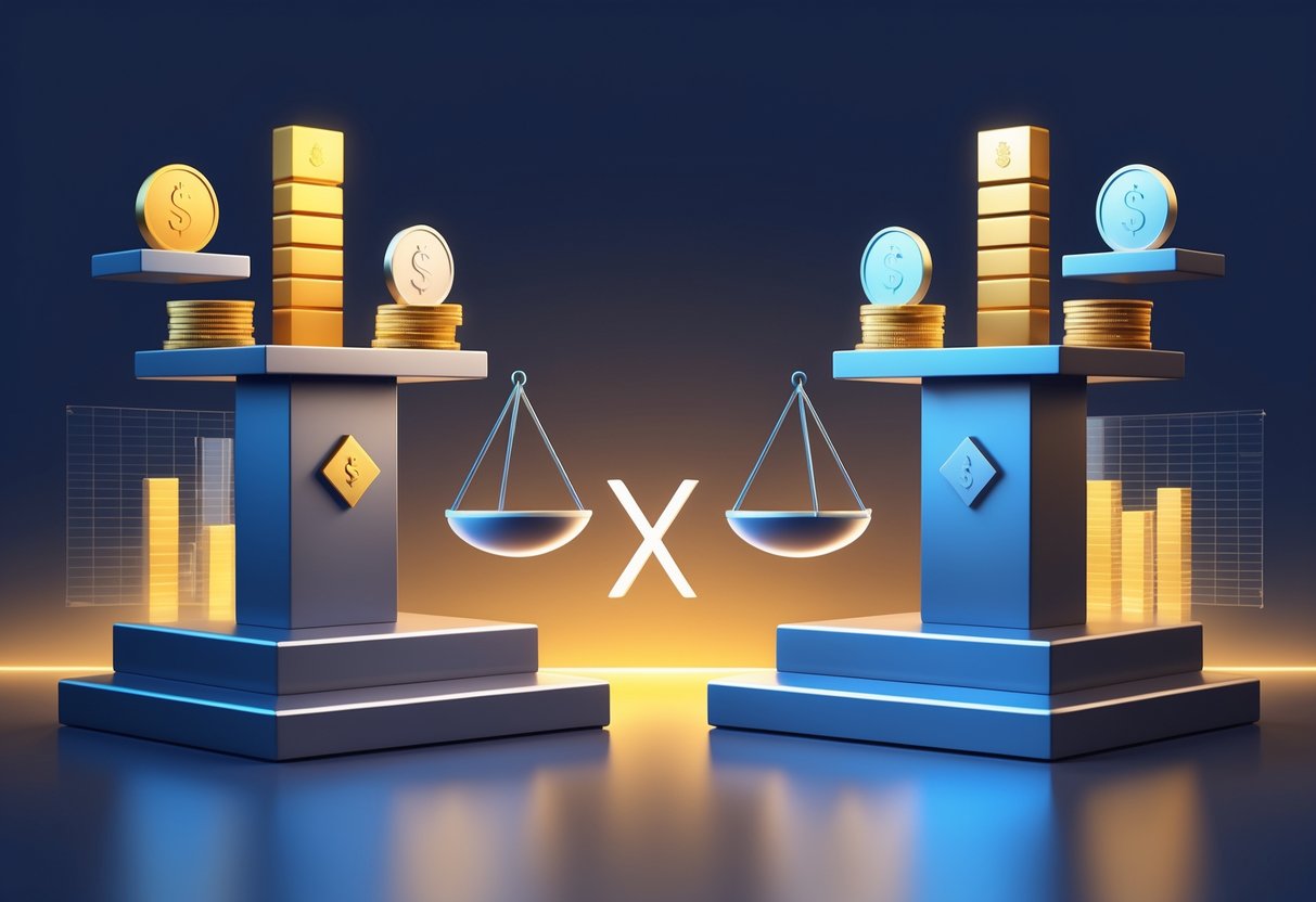 Two podiums displaying gold bars and silver coins representing Rosland Capital and Lear Capital with a balanced scale between them, symbolizing a comparison of precious metals IRA services.