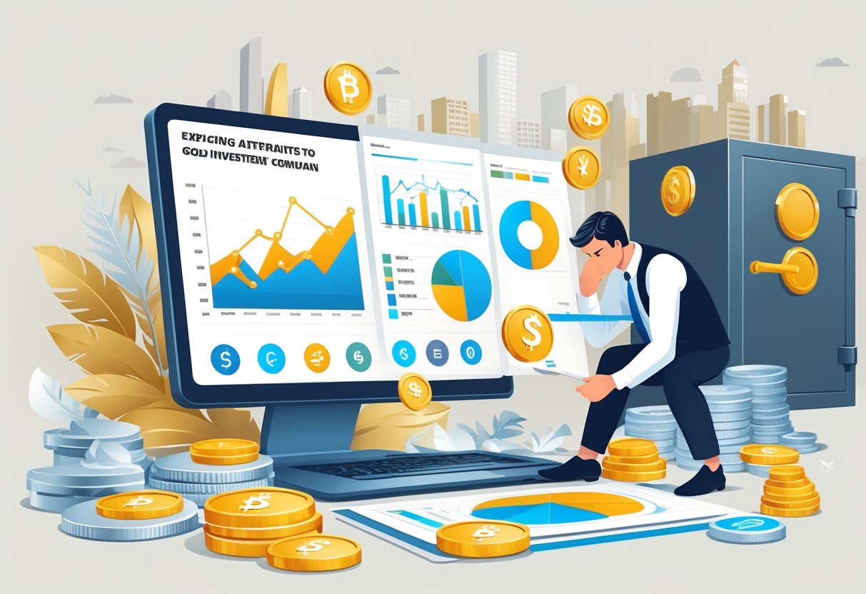 A person at a desk reviewing financial charts and documents with symbols of gold bars, coins, and digital currencies around them.