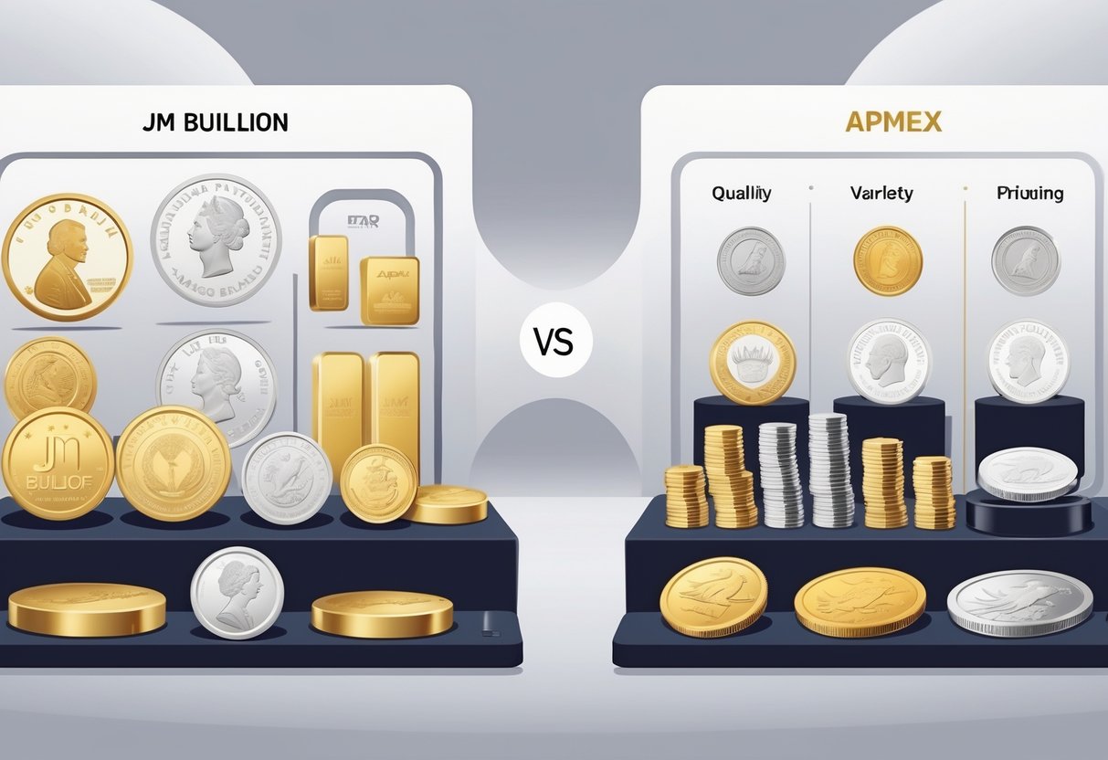 Two display tables side by side showing various gold, silver, and platinum coins and bars representing the product ranges of JM Bullion and APMEX for comparison.