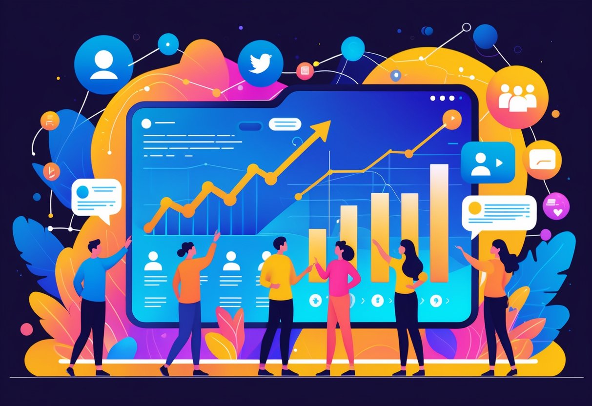 A diverse group engaging with digital chatterbate interface, showing rising graphs and chatterbate user icons, symbolizing increased chatterbate visibility and audience interaction.