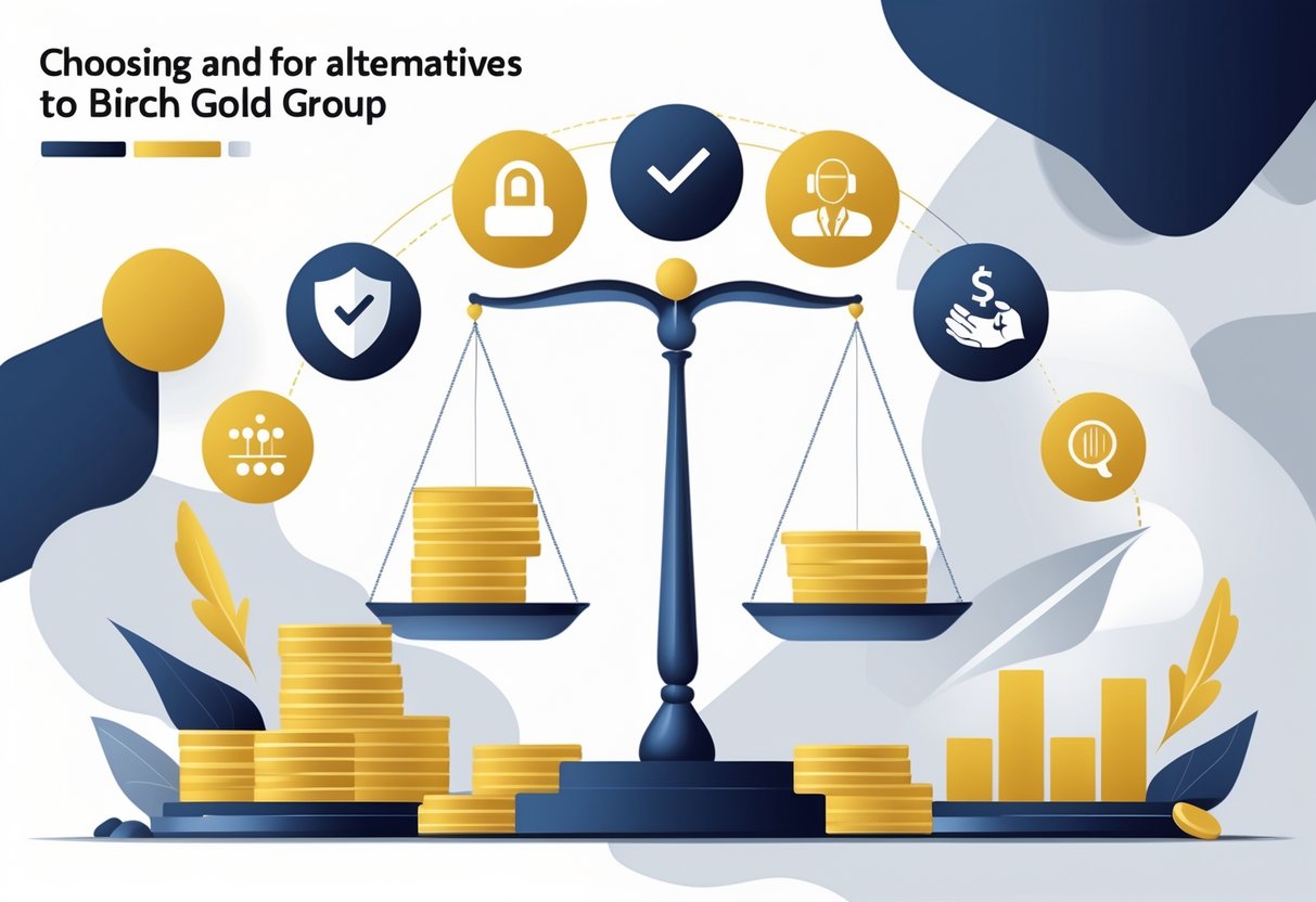 A balanced scale comparing a gold bar with multiple alternative gold bars and icons representing security, trust, growth, and support around it.