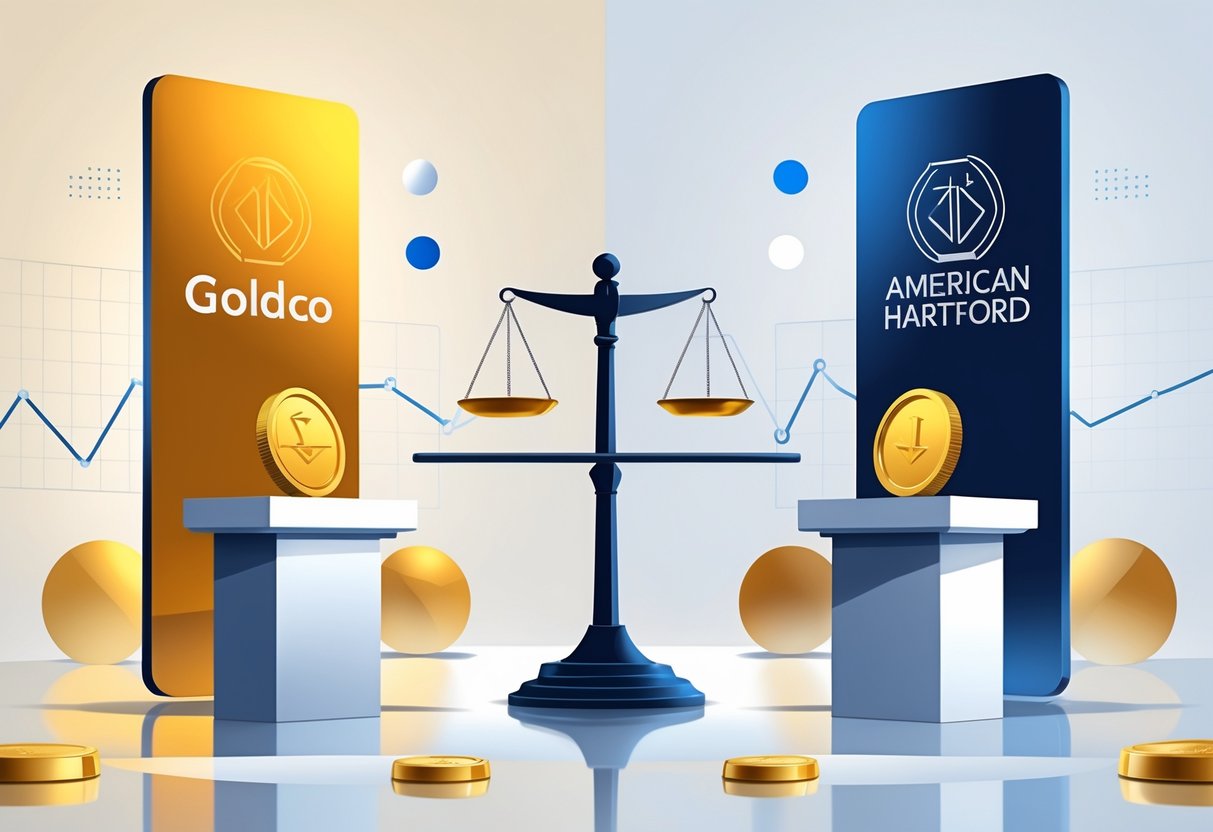 Two gold bars on podiums balanced on a scale, symbolizing a comparison between two gold investment companies.