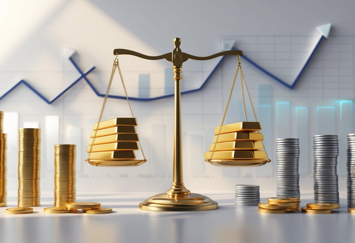 Two balanced scales each holding gold bars and silver coins, representing a comparison between two precious metals investment options.