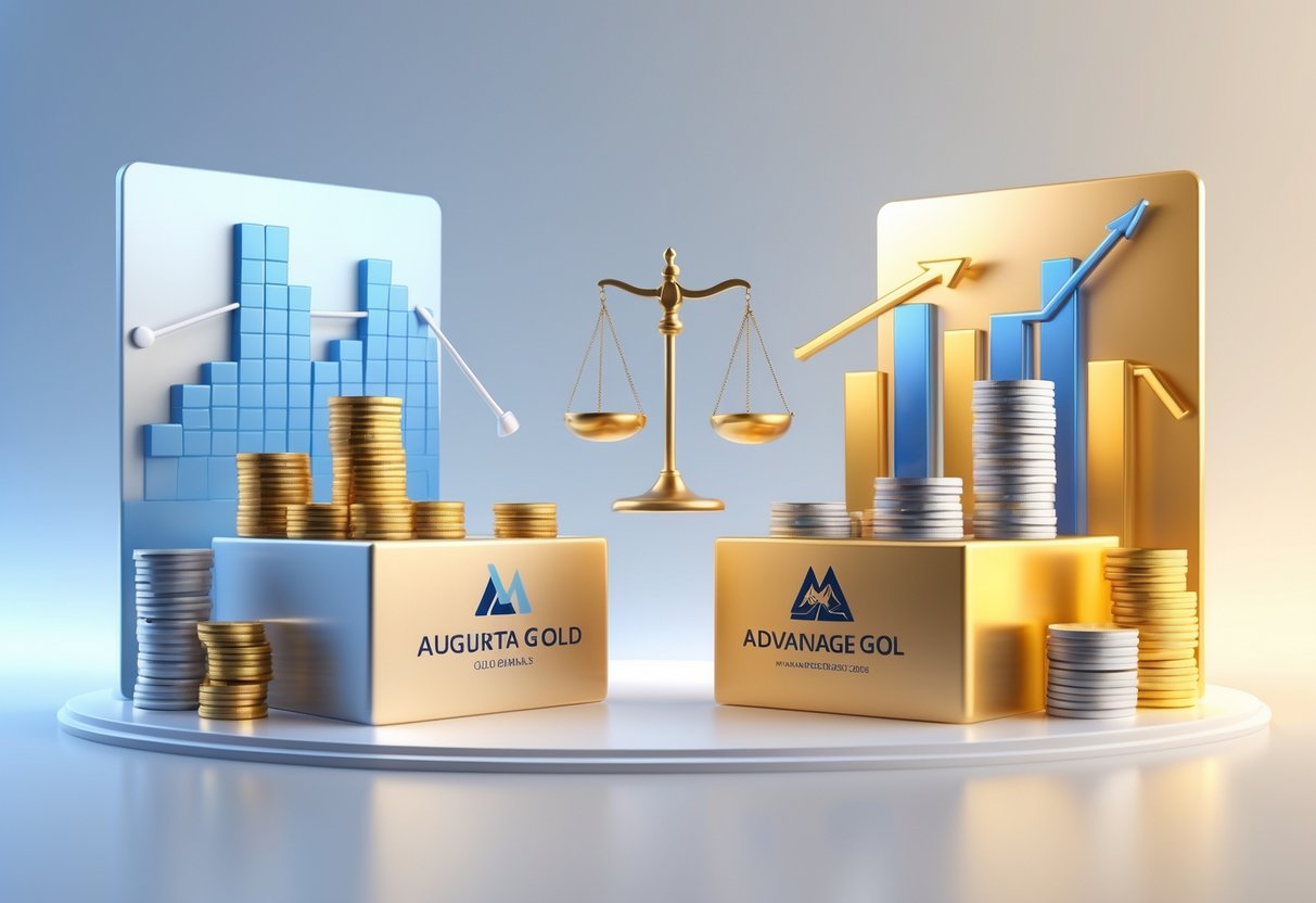 Two podiums side by side displaying gold bars, silver coins, and financial charts representing a comparison between two precious metals companies.