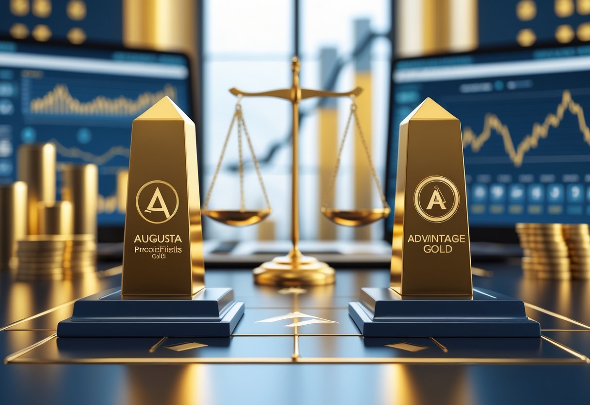 A balanced scale between two gold bars representing two different Gold IRA account options, set in a modern financial office with charts and a digital tablet.