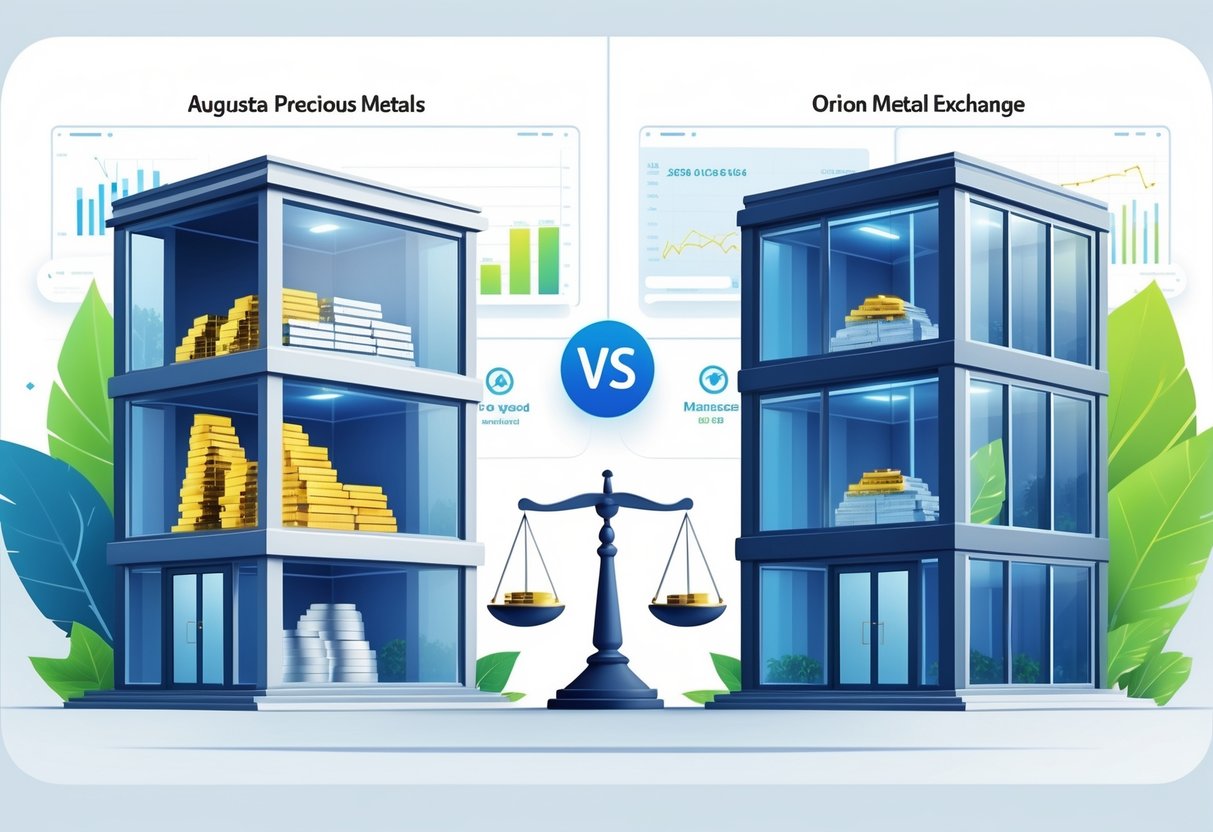 Two modern office buildings representing precious metals IRA service providers with gold and silver bars and digital financial elements, connected by a balanced scale with coins.