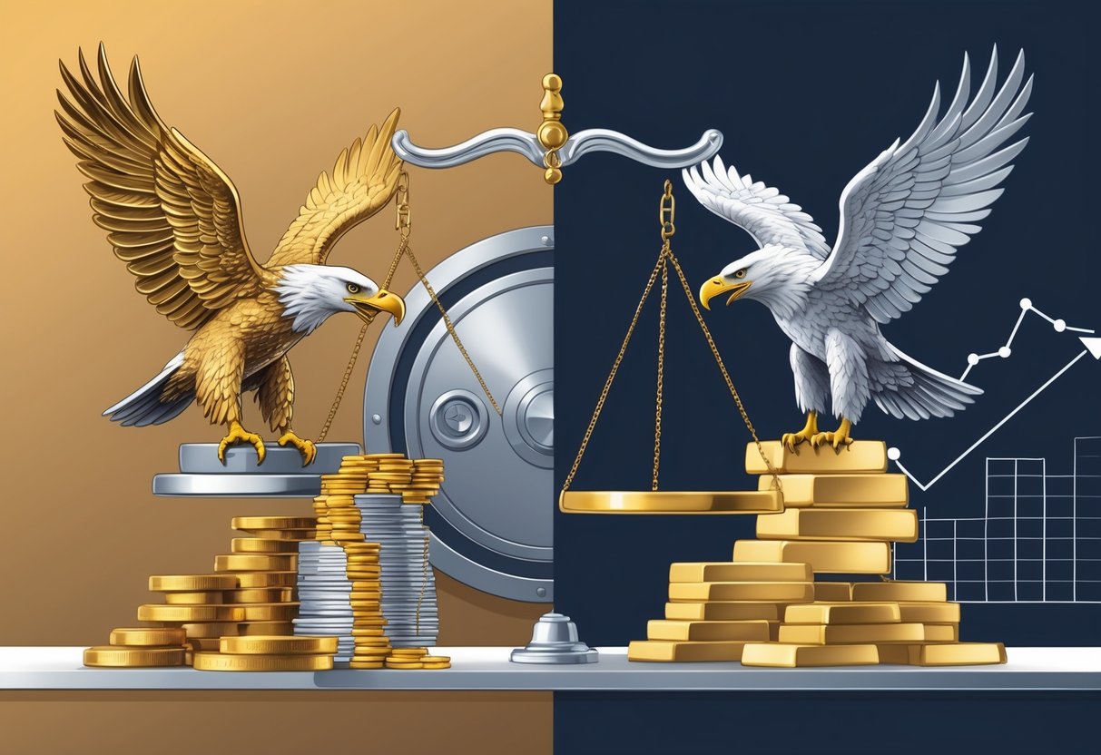 An illustration showing a comparison between two precious metals IRA providers with gold and silver coins, bullion bars, a golden eagle, a hand holding a gold bar, and a balance scale symbolizing choice.