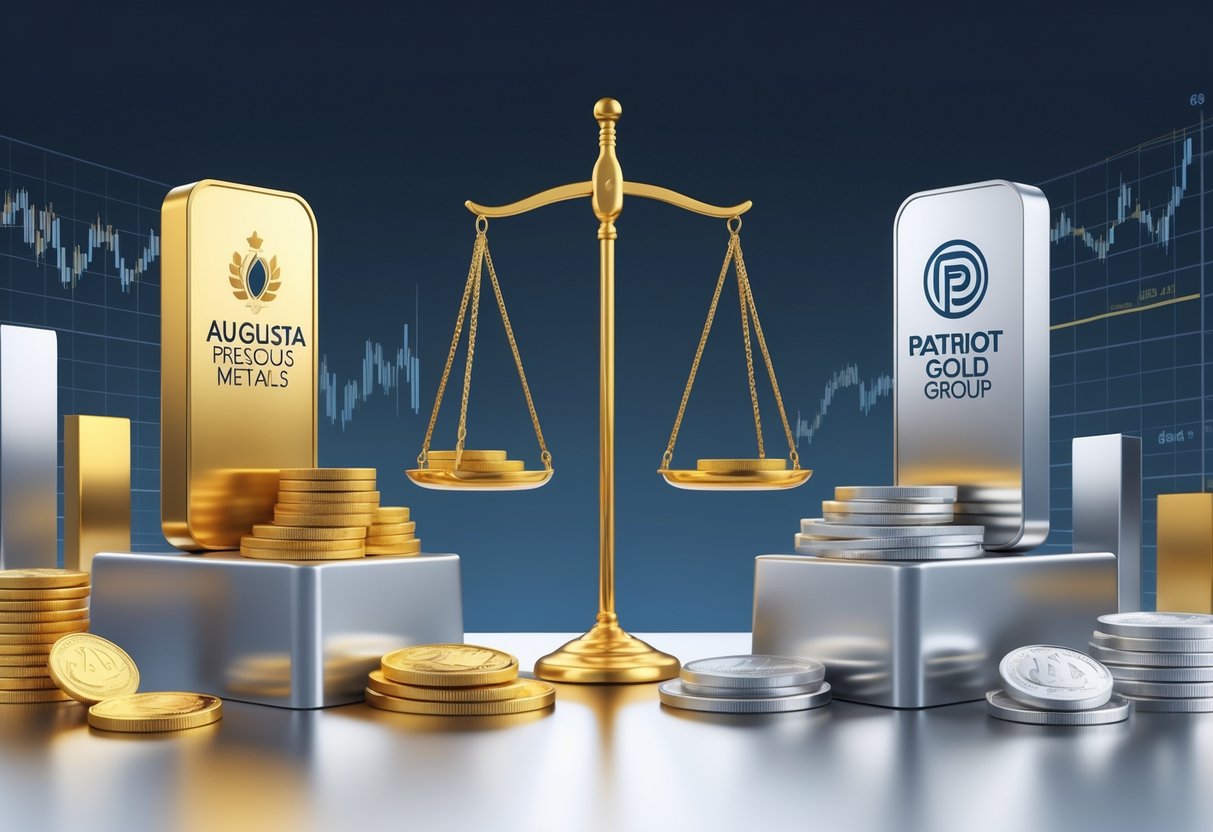 An illustration showing gold bars and coins on one side and silver bars and coins on the other, balanced on a scale, symbolizing comparison between two precious metals investment companies.
