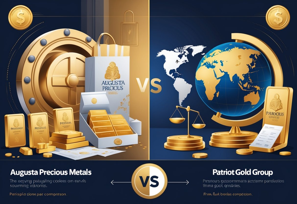 An illustration showing two companies in the precious metals industry side by side, with gold bars and a vault on one side and gold coins and a globe on the other, symbolizing a comparison of their services.