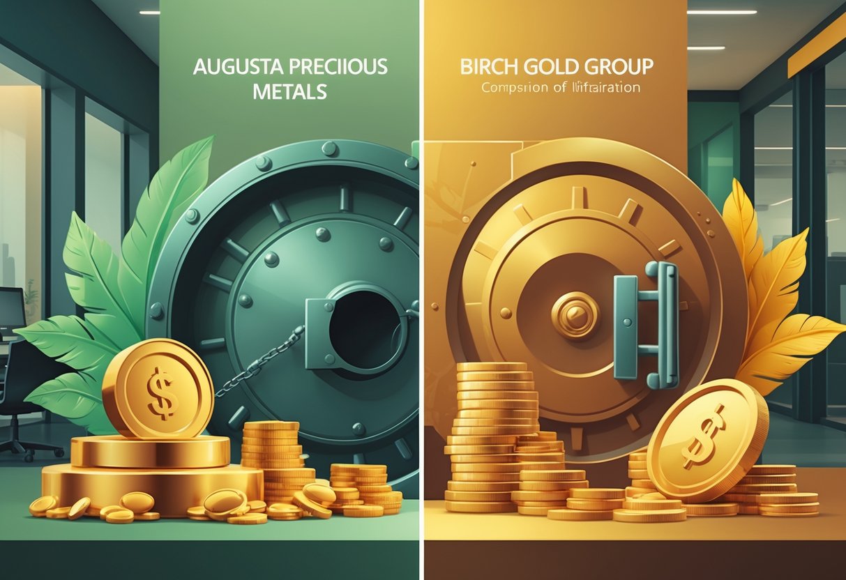 Side-by-side illustration comparing two precious metals companies, each represented by gold bars, coins, and vaults in distinct office settings.