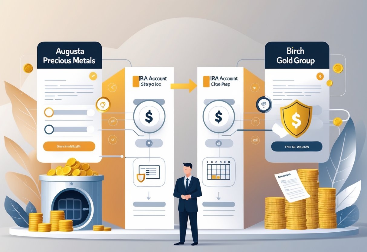 Two side-by-side scenes comparing IRA account options, one with gold bars and coins and the other with silver coins and a shield, connected by icons representing the account setup process.