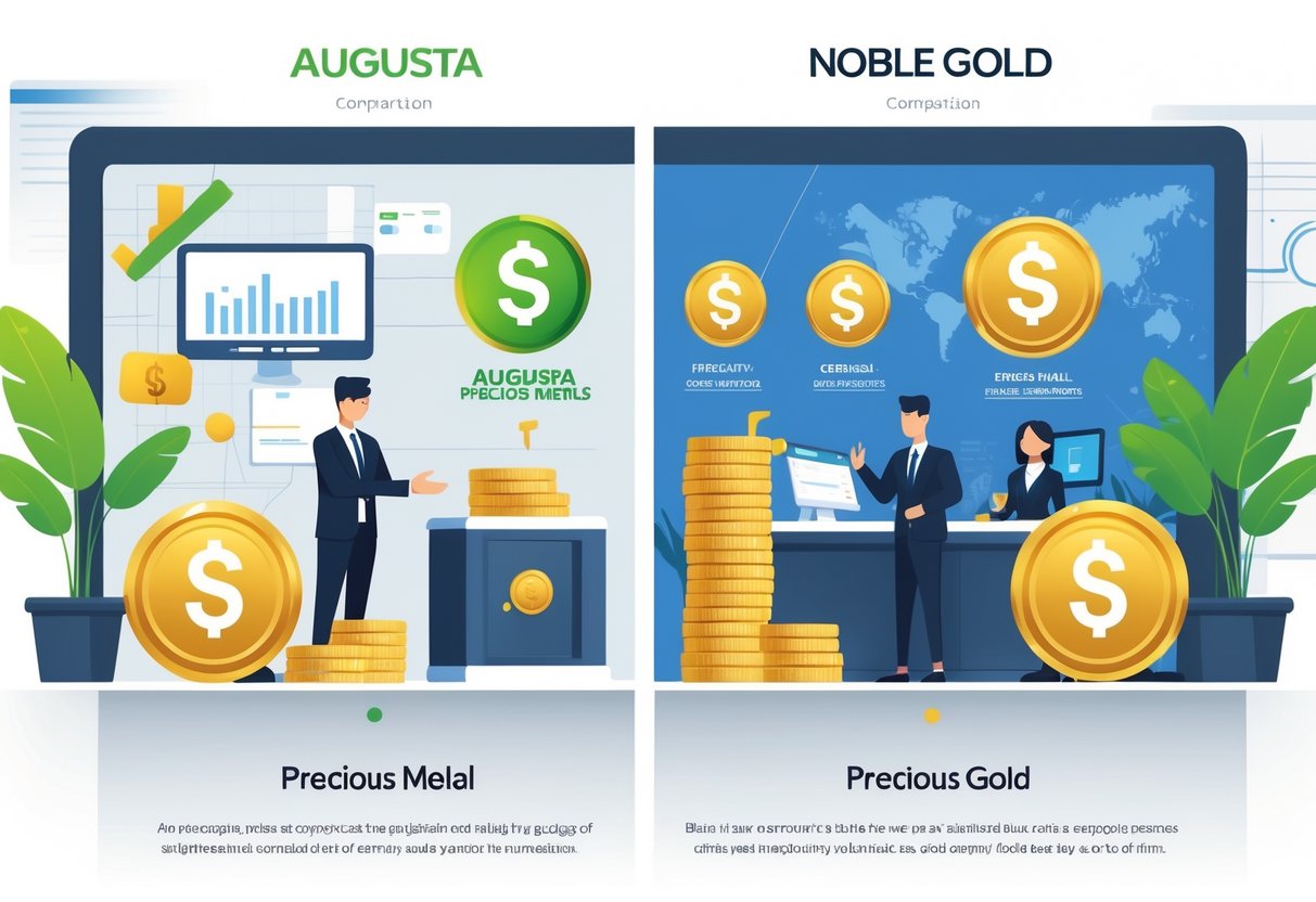 An illustration showing a side-by-side comparison of two precious metals companies, each with gold bars, coins, secure vaults, and office settings symbolizing trust and reliability.