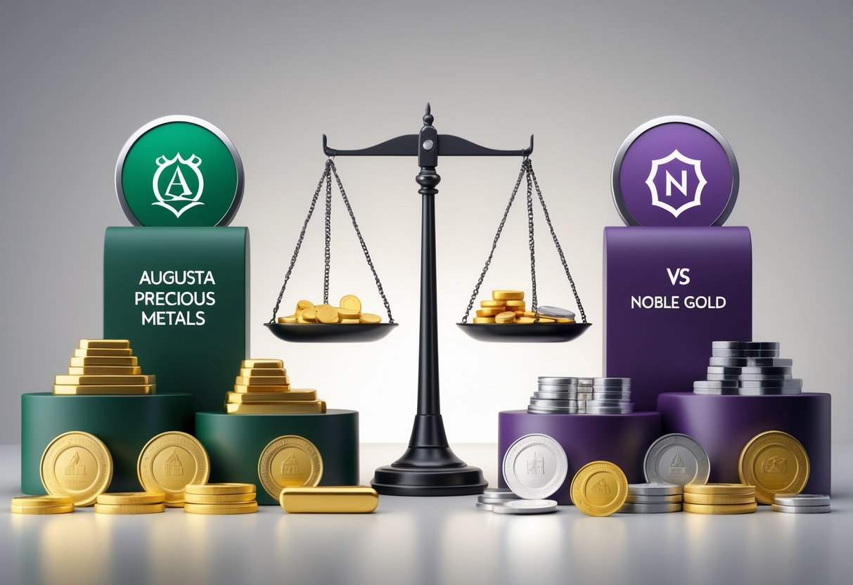 Two display stands side by side showing gold and silver coins and bars, with a balance scale between them representing a comparison of precious metals products.