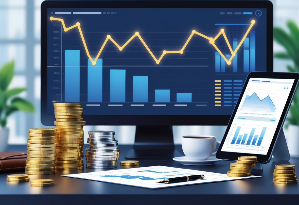 A modern office desk with gold and silver bars, coins, digital tablets showing charts, and a large screen with market data in the background.
