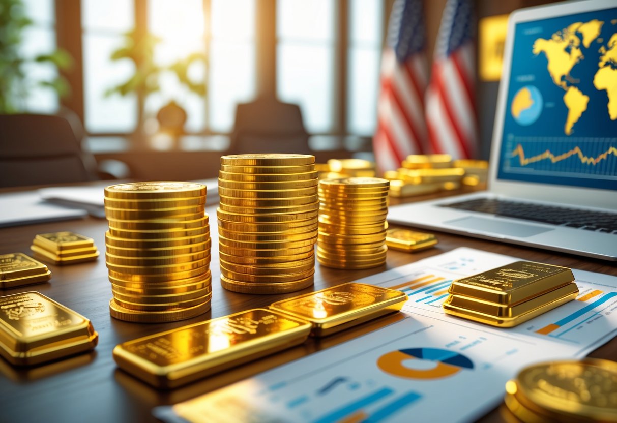 A modern office desk with gold coins and bars, a laptop, and financial documents, set against a background featuring a US flag and world map.