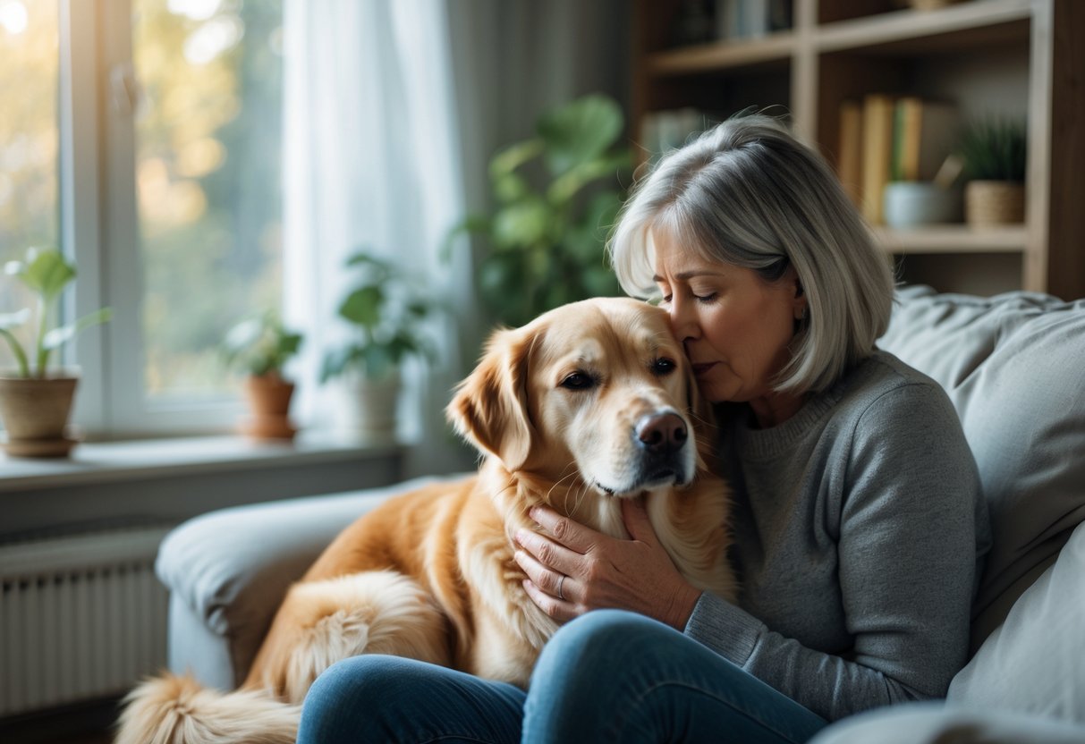 Do Pets Experience Grief Understanding Signs and Support 1 A woman gently comforting a sad golden retriever sitting beside her on a couch in a cozy living room.