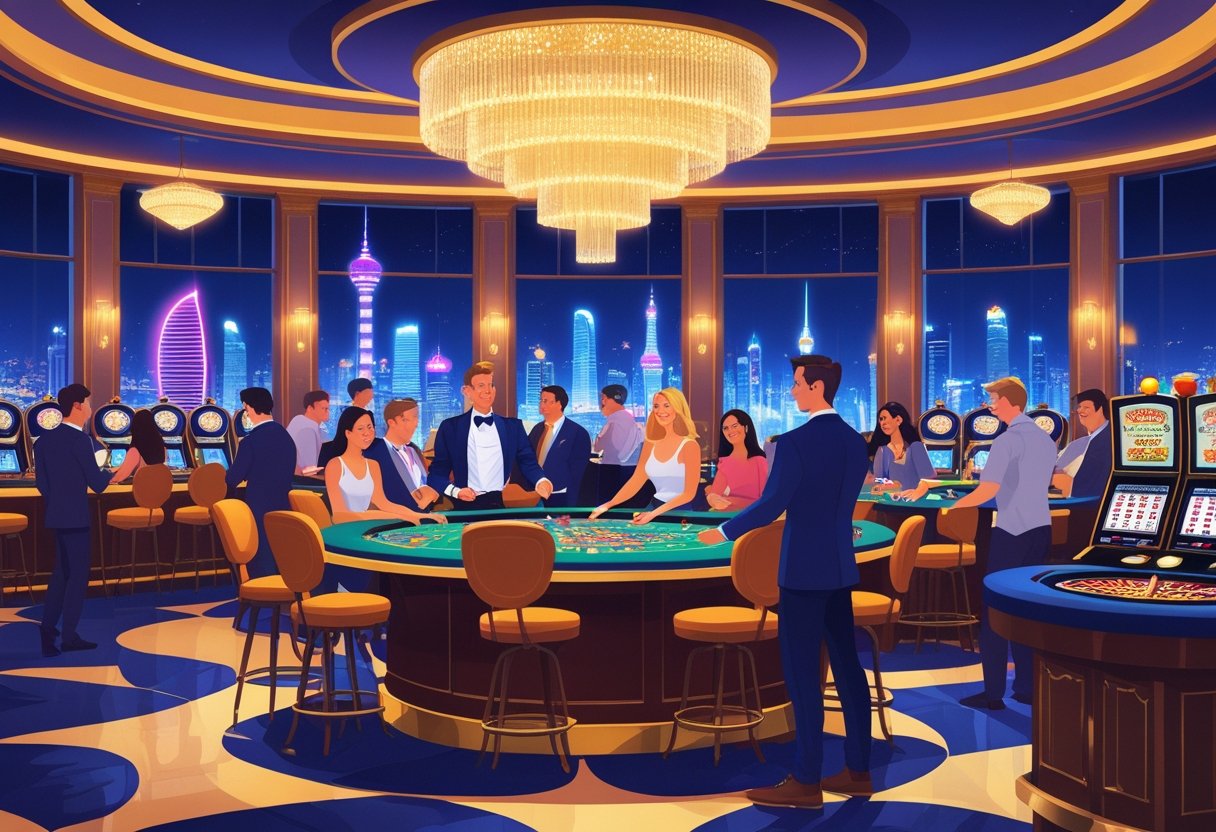 해외 카지노에서 사람들이 게임을 즐기고 있는 활기찬 장면