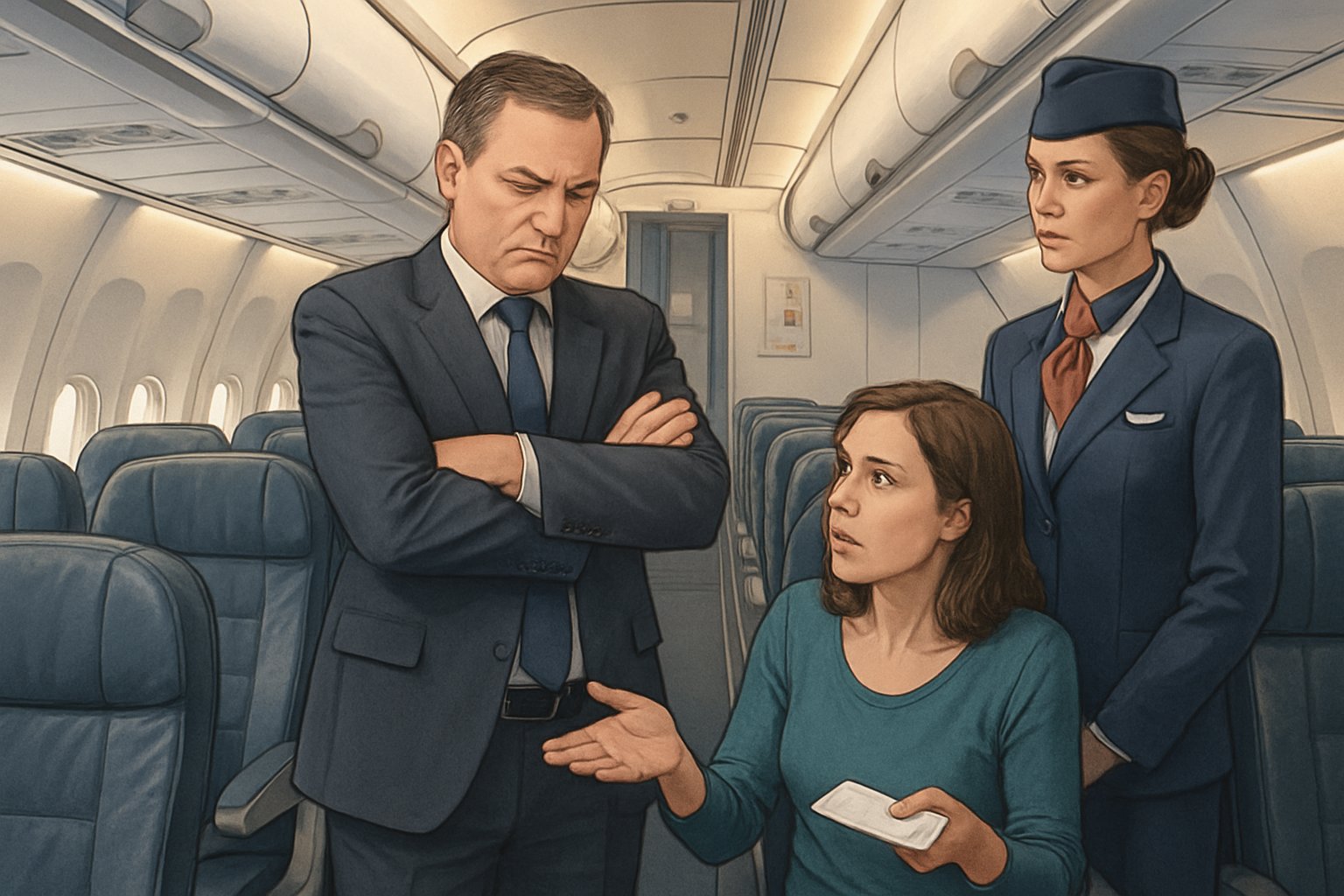 Two passengers in an airplane cabin disagreeing over seat swapping while a flight attendant watches nearby.