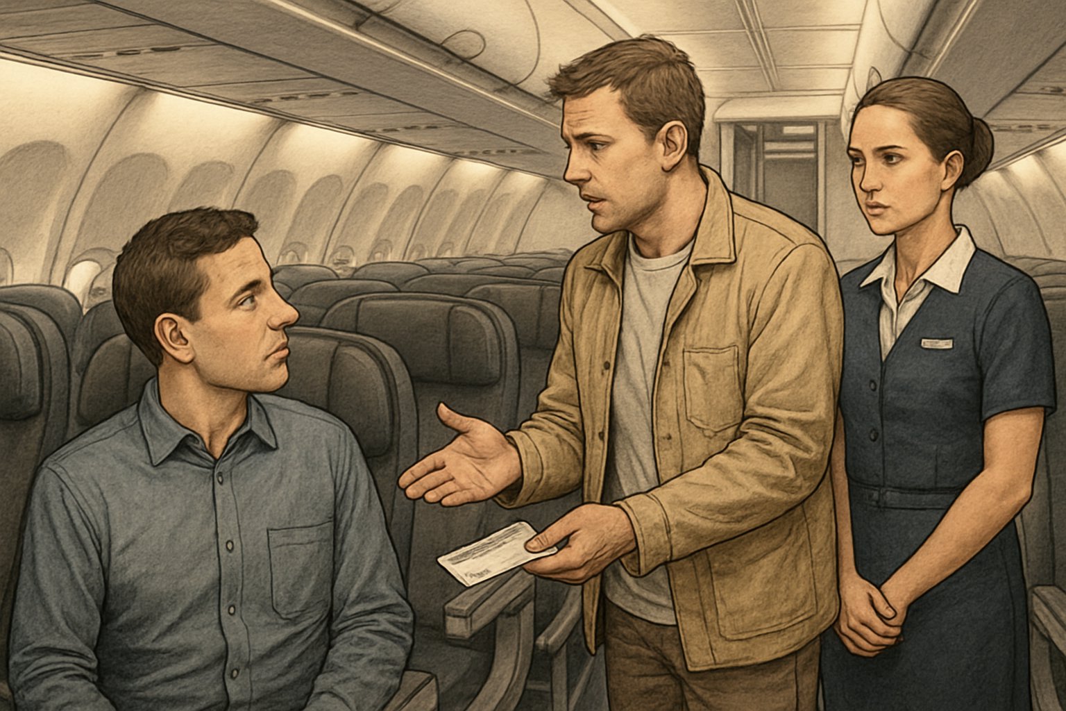 Two passengers and a flight attendant in an airplane cabin discussing seat swapping, with one passenger seated and the other standing.