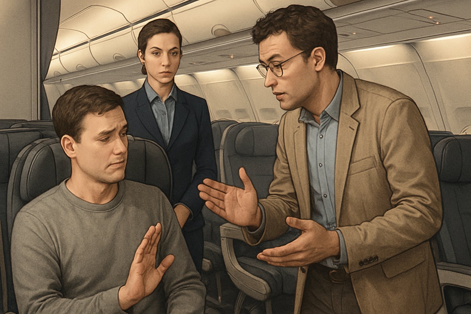 Two airplane passengers in conversation near the aisle seats, one refusing to swap seats while a flight attendant watches nearby.