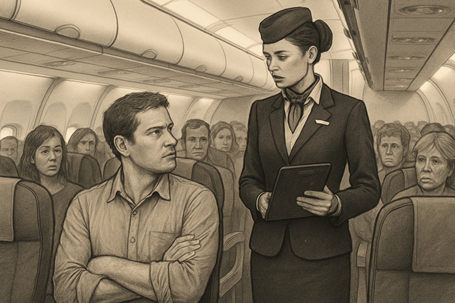 A flight attendant talks to a seated passenger who refuses to swap seats while other passengers watch inside an airplane cabin.