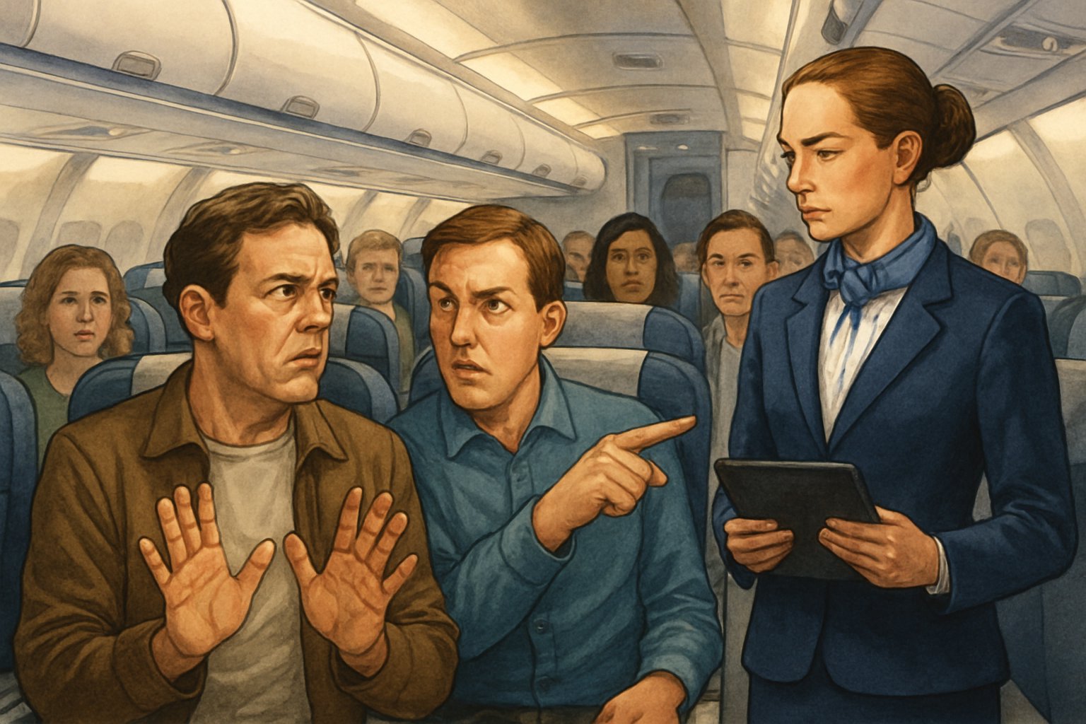 Two passengers and a flight attendant in an airplane cabin during a seat dispute, with other passengers watching.