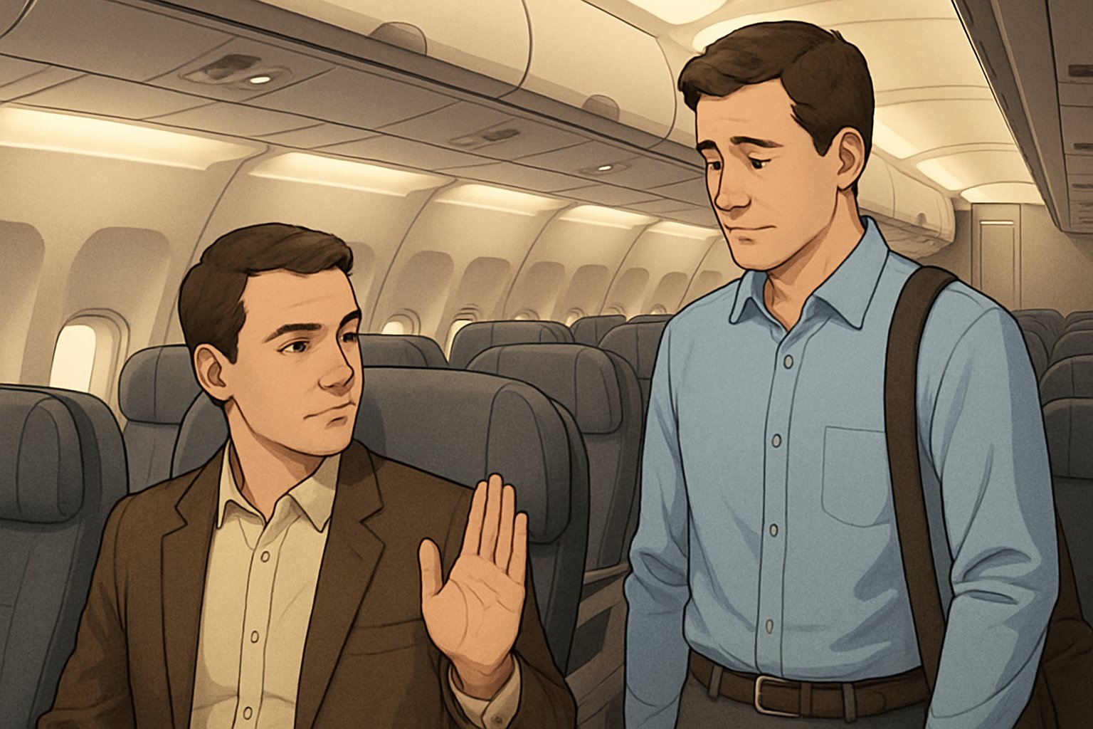 Two airline passengers inside an airplane cabin, one seated calmly refusing to swap seats while the other stands nearby looking neutral.