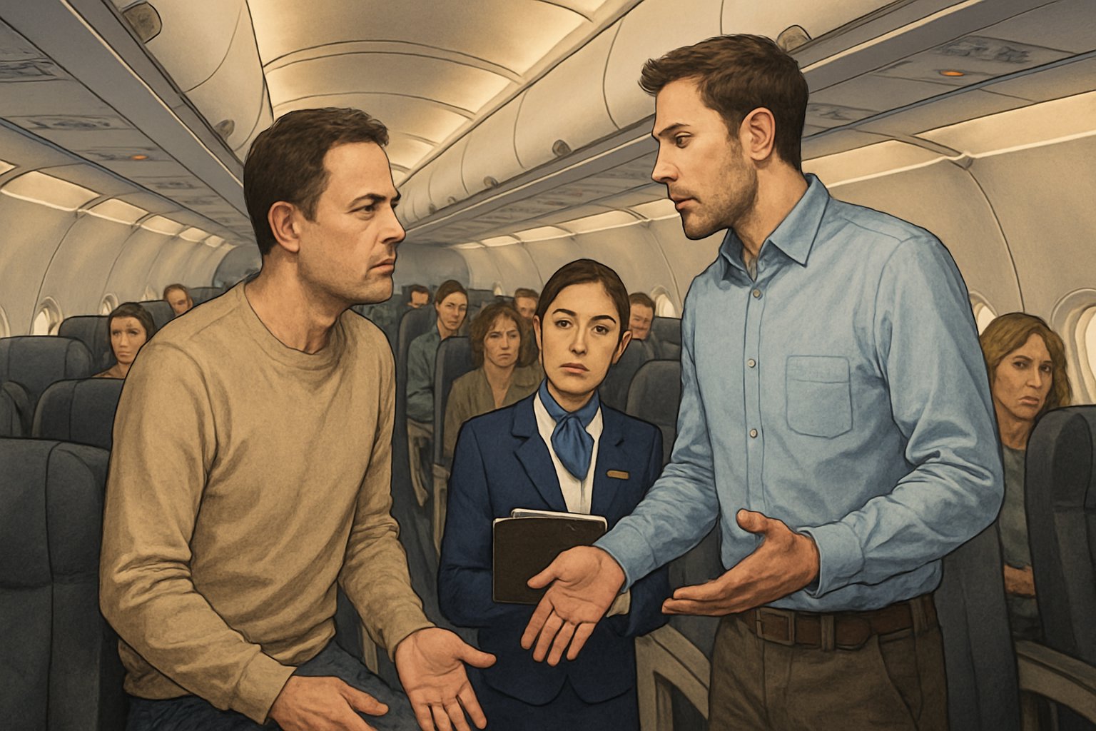 Two airplane passengers discussing a seat dispute while a flight attendant approaches to mediate inside a plane cabin.