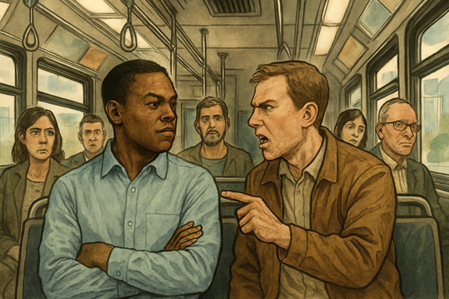 Two passengers on a bus, one refusing to swap seats while others watch with varied reactions.