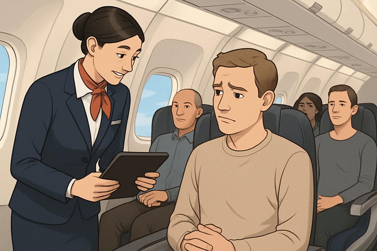 A flight attendant politely talking to a seated passenger in an airplane cabin while other passengers sit nearby.