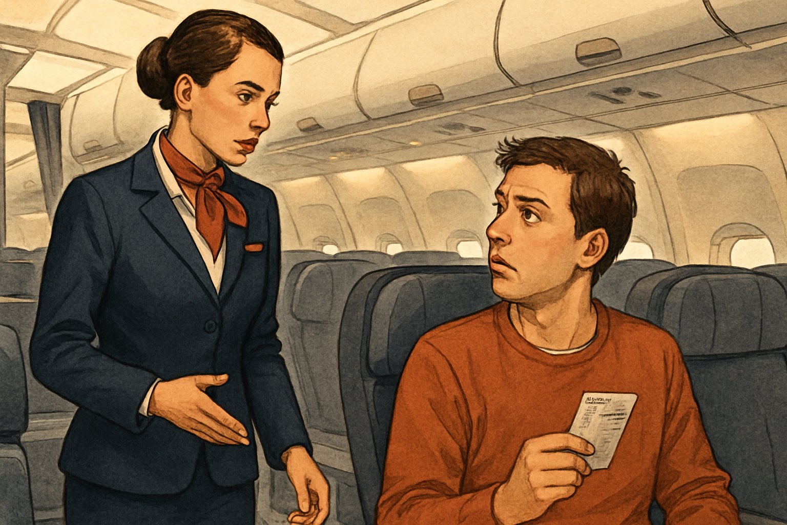 A flight attendant talks to a surprised passenger inside an airplane cabin.