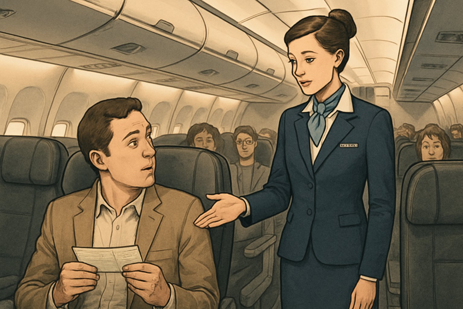 A flight attendant gently speaking to a seated passenger inside an airplane cabin while other passengers watch.