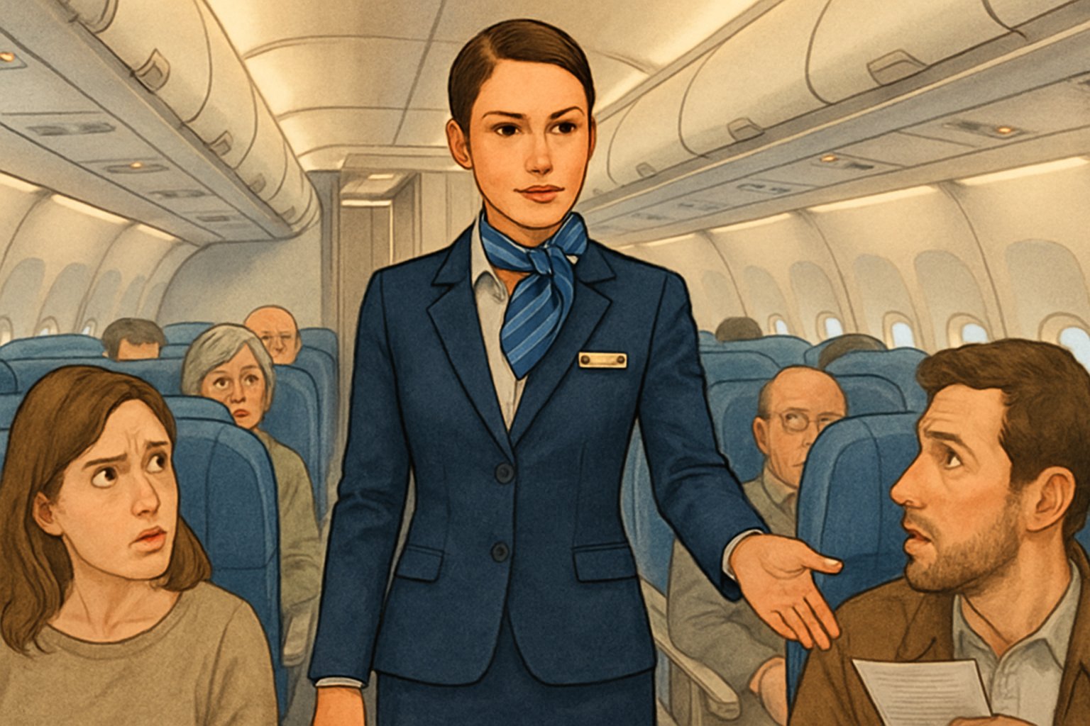 A flight attendant standing in an airplane aisle, calmly interacting with seated passengers who look surprised or confused.