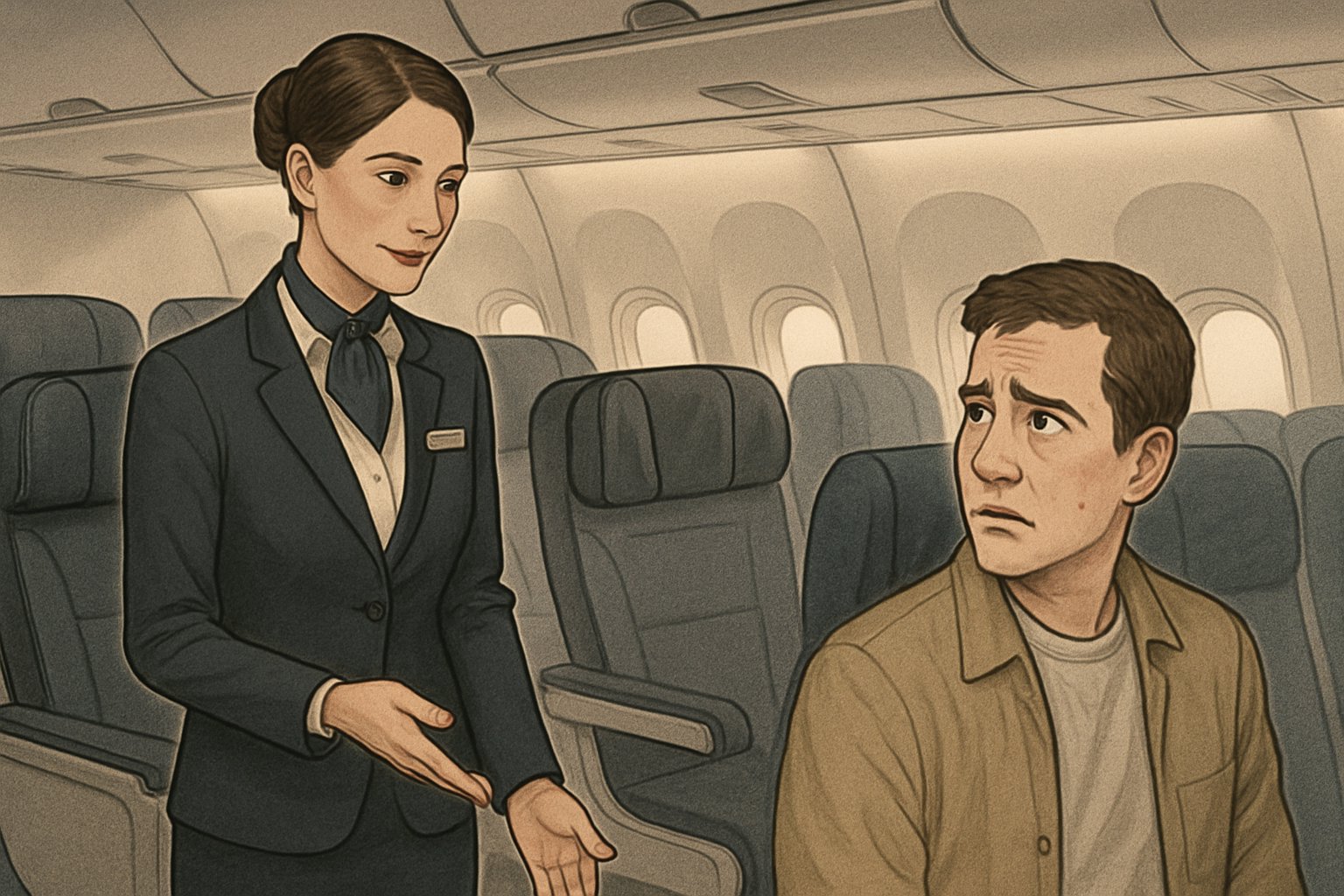 A flight attendant subtly gestures towards a seat while a passenger looks confused inside an airplane cabin.
