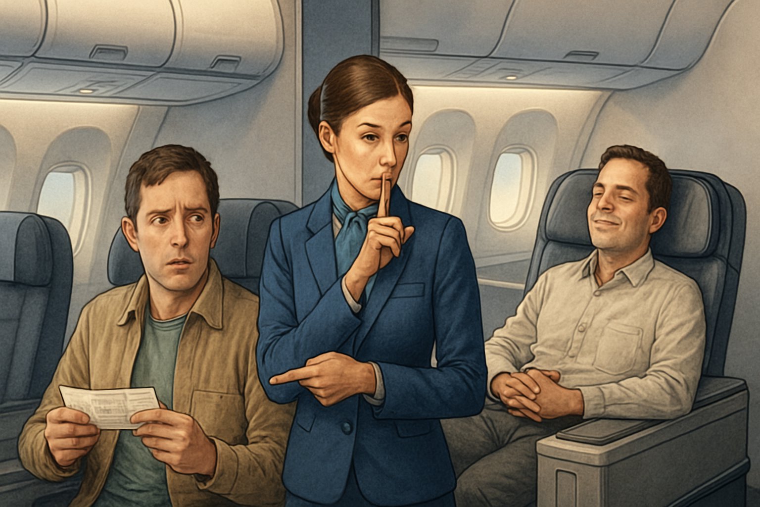 Inside an airplane cabin, a flight attendant discreetly signals a confused passenger about a seat change, while another passenger sits comfortably in an upgraded seat nearby.
