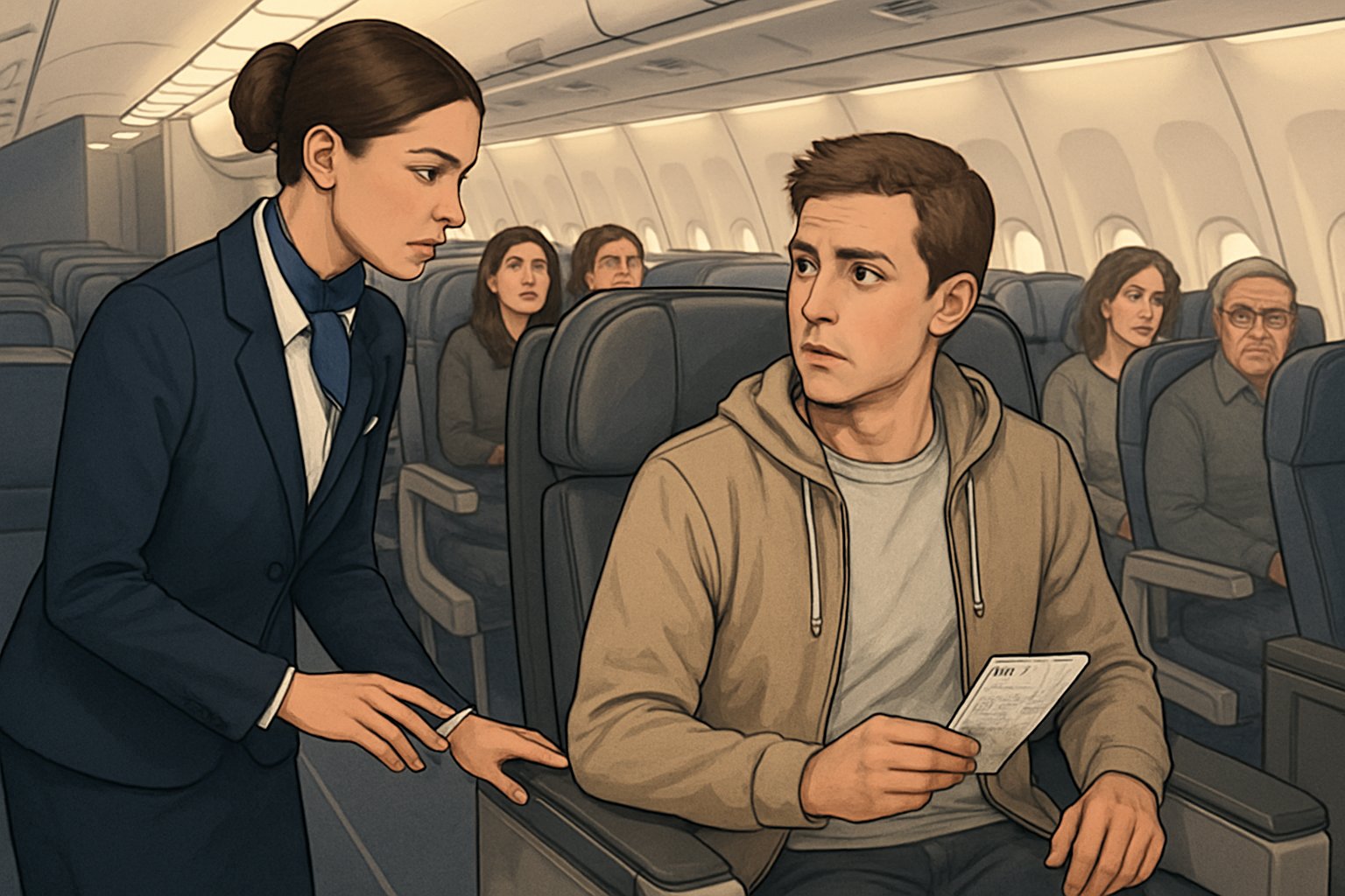 A flight attendant quietly talks to a surprised passenger seated in a downgraded airplane seat inside a commercial plane cabin.