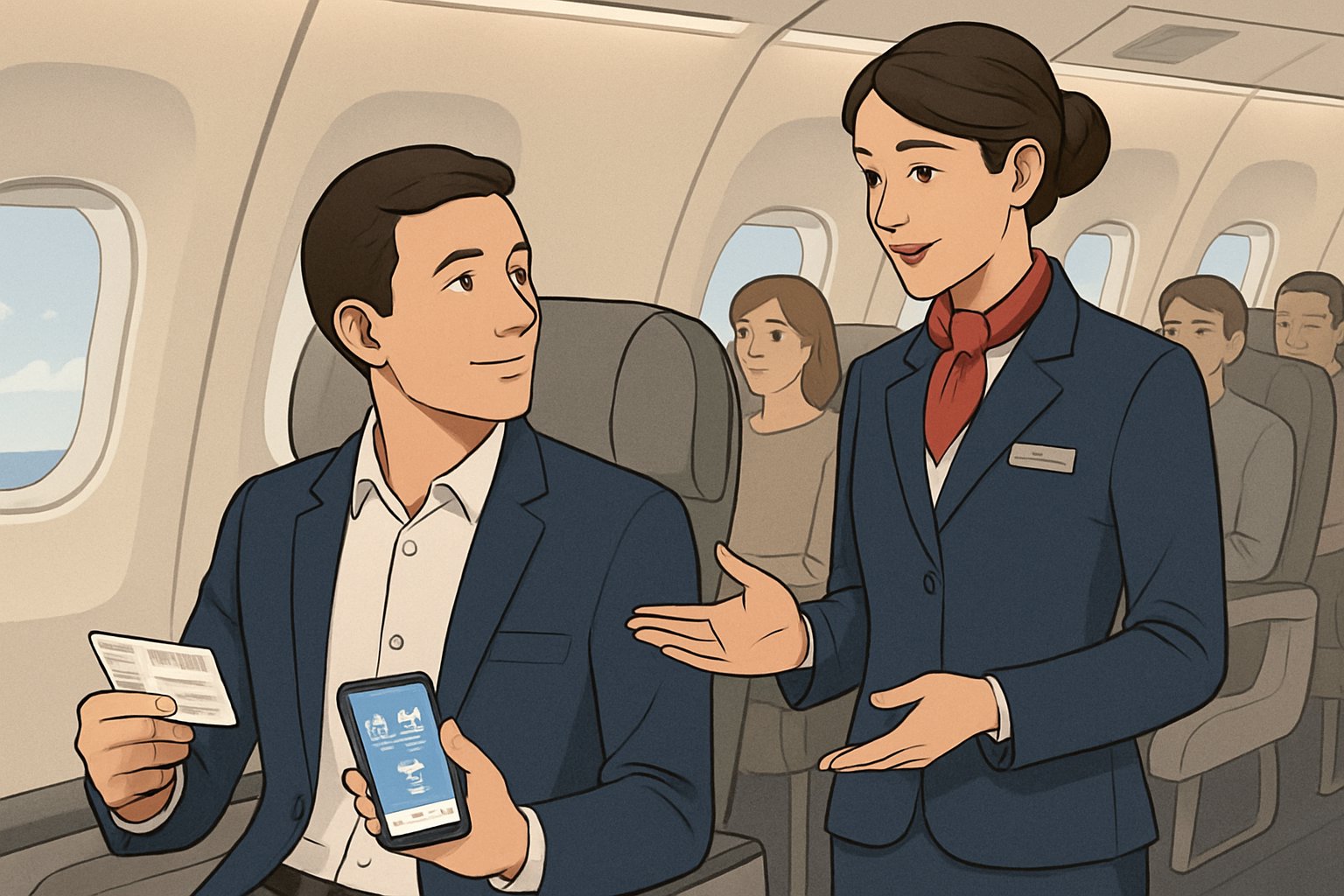 A passenger seated on an airplane talking calmly with a flight attendant who is explaining something.
