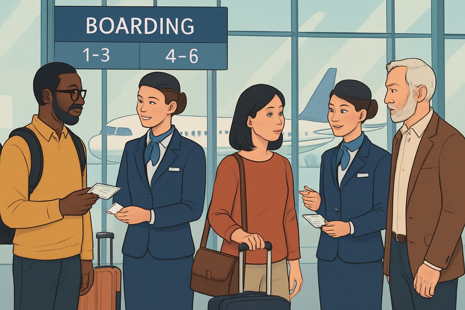 Passengers interacting with flight attendants at an airport boarding gate near an airplane, showing a scene of boarding and assistance.