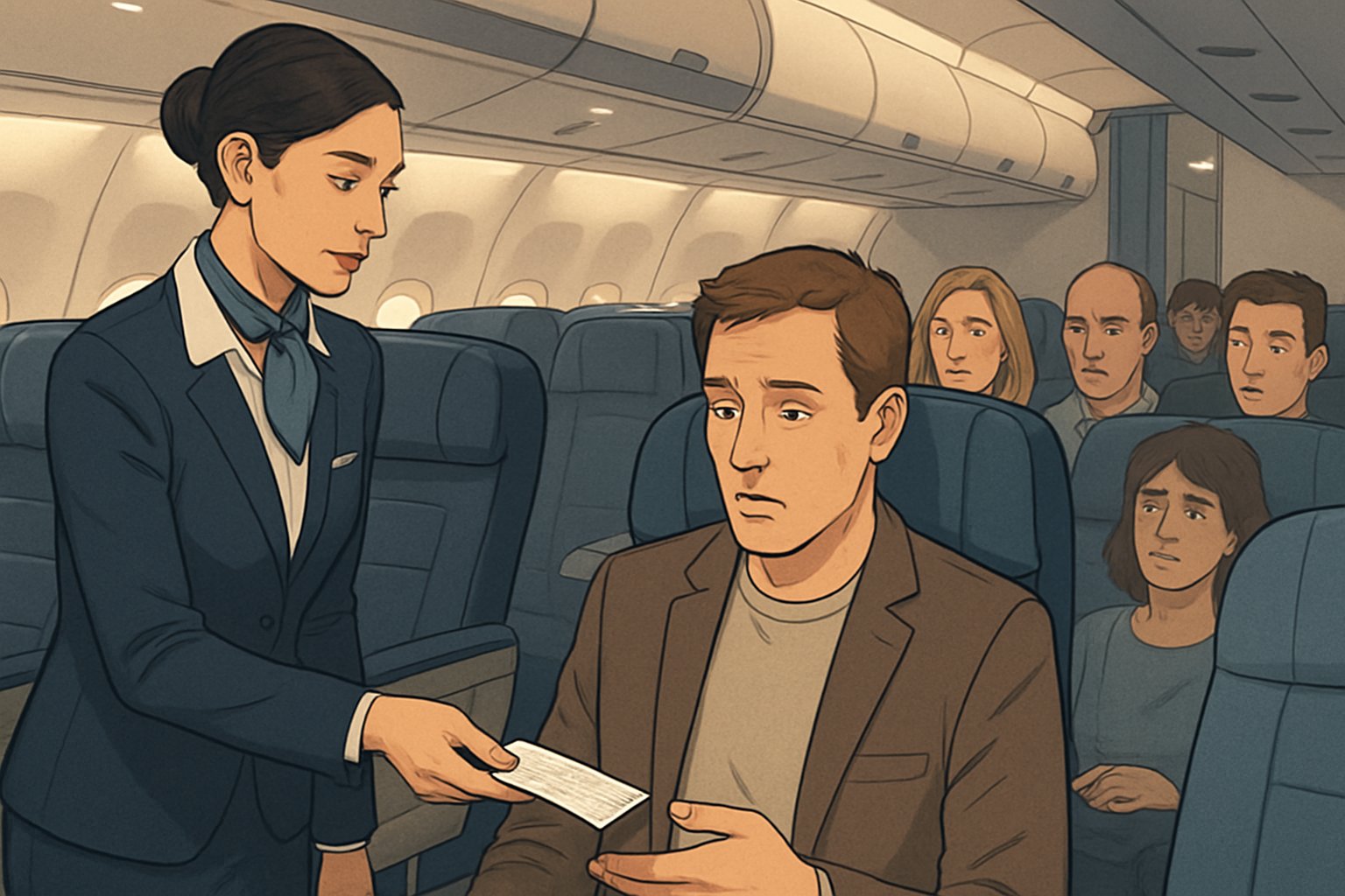 An airplane cabin where a flight attendant quietly hands a boarding pass to a surprised passenger, with other passengers showing various reactions in the background.