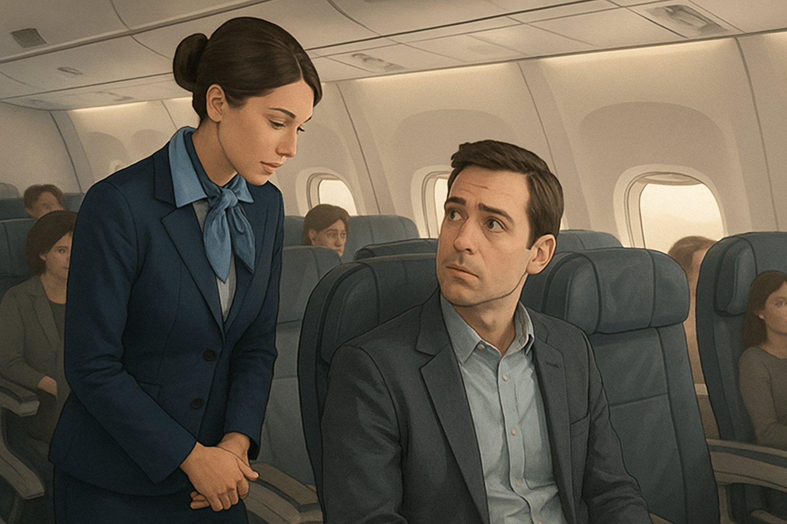 A flight attendant quietly speaking with a seated passenger inside an airplane cabin, with other passengers visible in the background.