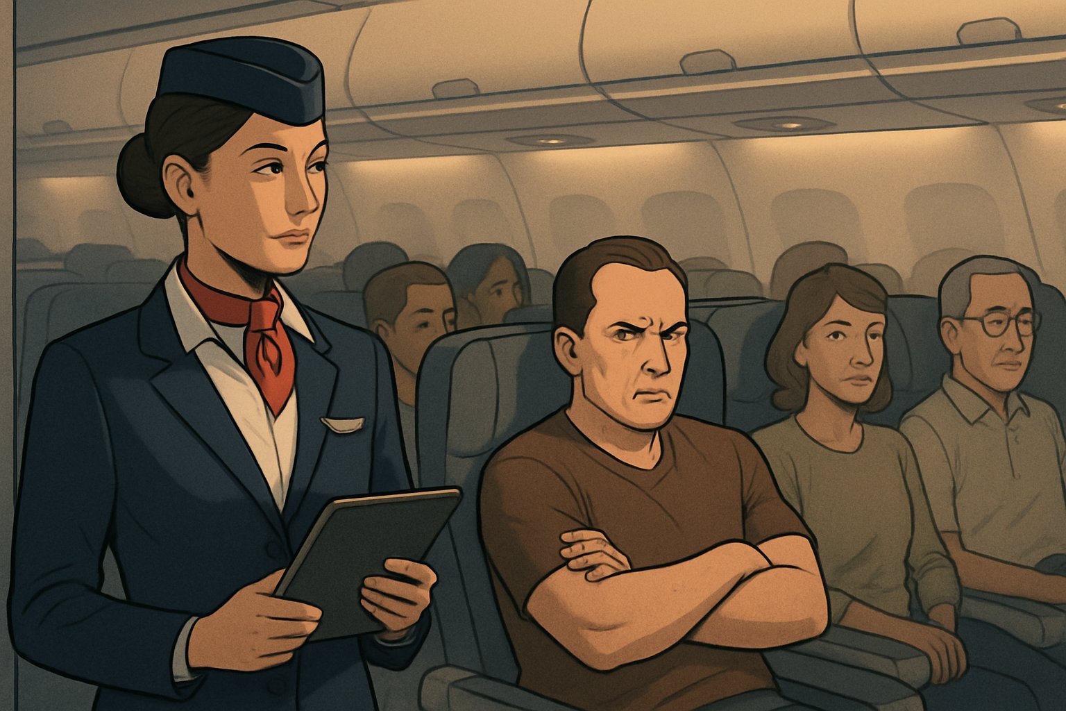 A flight attendant holding a tablet discreetly observes a rude passenger inside an airplane cabin.