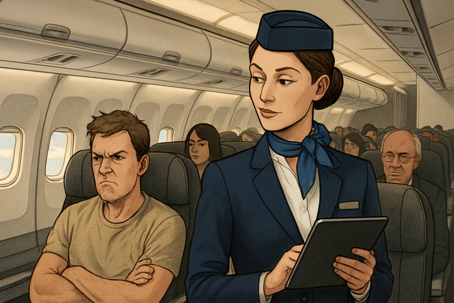 A flight attendant in an airplane cabin discreetly observing passengers, with one passenger looking rude or upset.