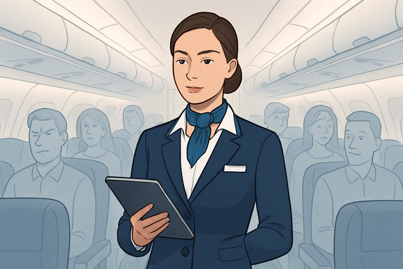 A female flight attendant stands confidently in an airplane aisle holding a tablet, with faint silhouettes of passengers around her inside the cabin.